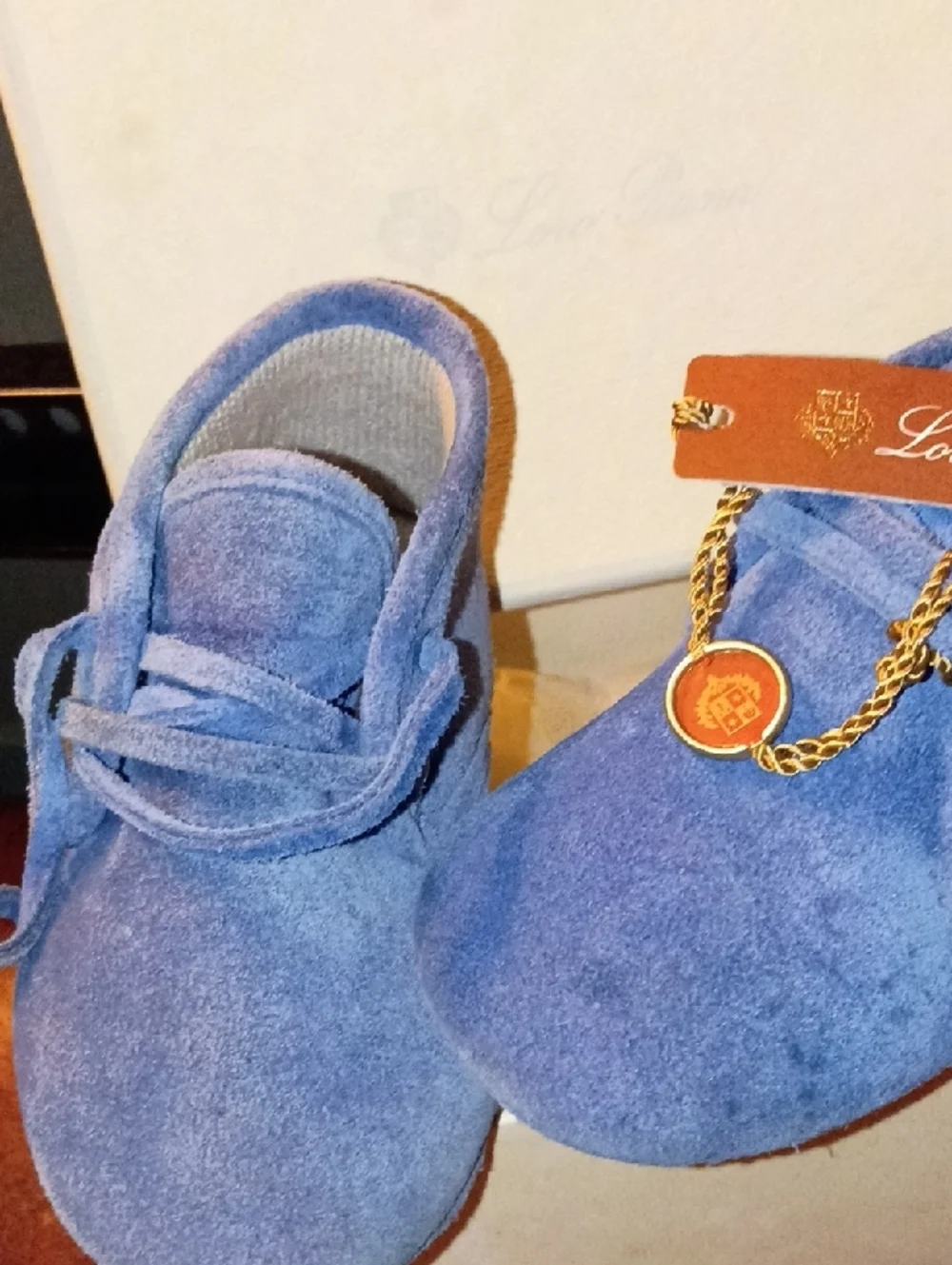 Loro Piana Blue Suede Lace-Up Bootie Or Walking Shoe w Gold Crest Charm